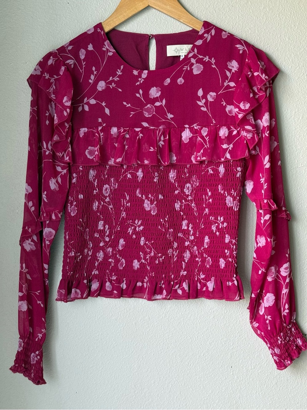 WAYF Womens Floral Dark Pink Smocked Ruffled Blouse Size Small Long Sleeve